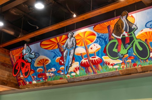 Colorful mural featuring three figures on bicycles surrounded by oversized mushrooms and vibrant foliage.