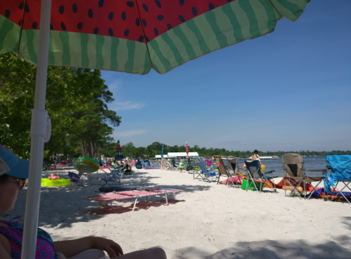 A sunny beach scene with colorful umbrellas, lounge chairs, and people enjoying the water and sand.
