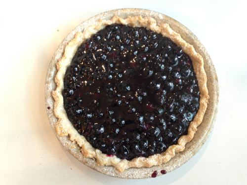 A freshly baked blueberry pie with a golden crust and a glossy, berry-filled topping.