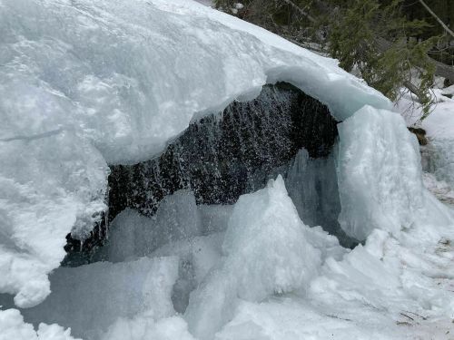 A frozen waterfall with ice formations and cascading water, surrounded by snow and trees.