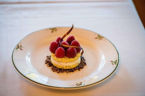 A beautifully plated dessert featuring layers of cream, raspberries, and chocolate curls on a decorative plate.
