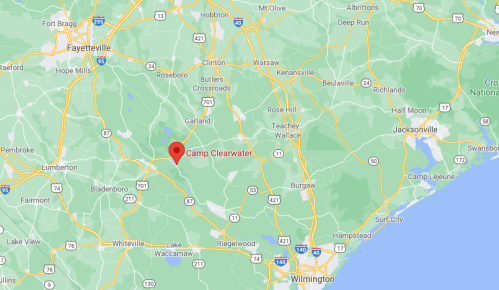 Map showing the location of Camp Clearwater in North Carolina, marked with a red pin.