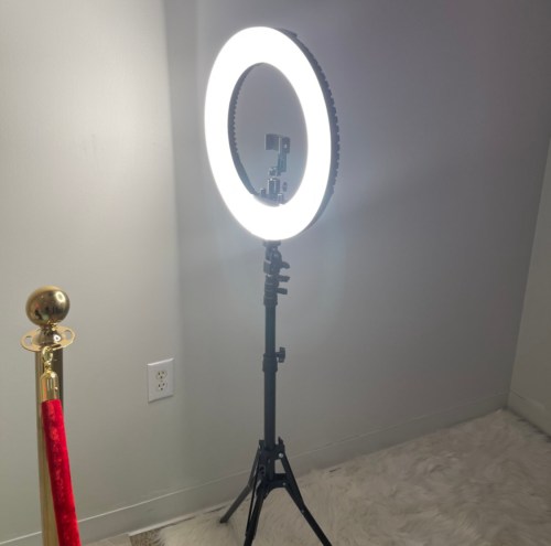 A ring light on a tripod stands next to a red velvet rope, illuminating a soft, textured surface.
