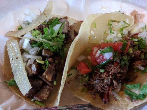 Two tacos on a plate: one with diced meat, onions, and cilantro; the other with shredded meat, tomatoes, and onions.