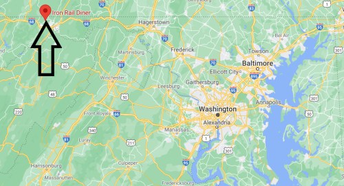 Map highlighting the location of Iron Rail Diner, north of Washington, D.C., near Hagerstown, Maryland.