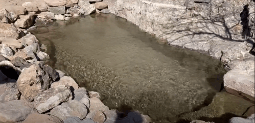 A clear, shallow pool of water surrounded by rocky terrain and a few trees casting shadows on the surface.