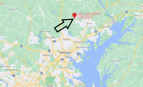 Map showing the location of Ladew Topiary Gardens near Baltimore, Maryland, marked with an arrow.