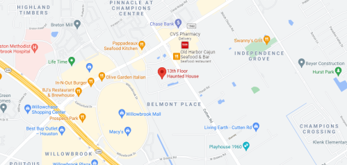 Map showing locations near Belmont Place, including restaurants, a pharmacy, and the 13th Floor Haunted House.