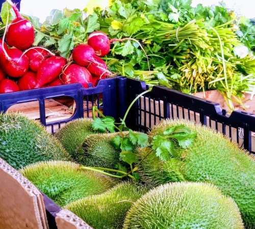 A crate of spiky green fruits with fresh cilantro and red radishes in the background at a market.