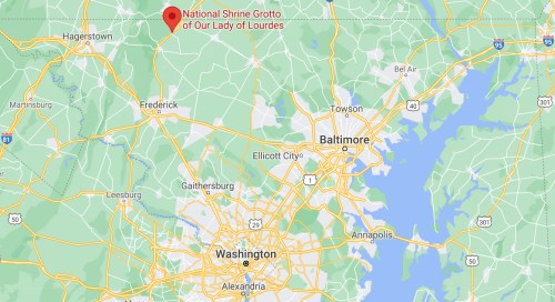 Map showing the location of the National Shrine Grotto of Our Lady of Lourdes near Hagerstown, Maryland.