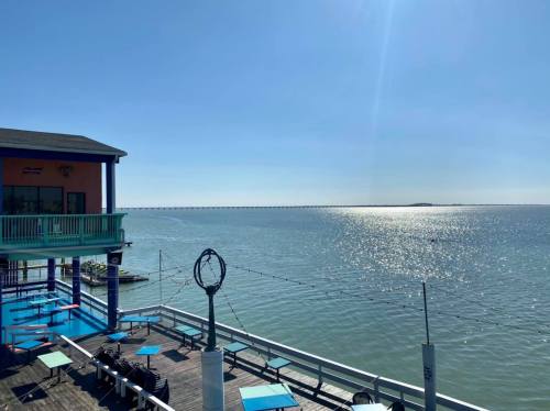 A serene waterfront view with a clear blue sky, shimmering water, and a pier in the distance.