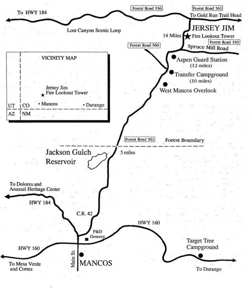 Map showing routes and landmarks near Jersey Jim Fire Lookout Tower, including distances to various locations and roads.
