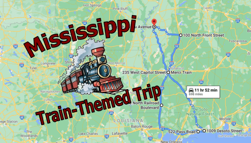 Map showing a train-themed trip route in Mississippi, with a cartoon train graphic and travel details.