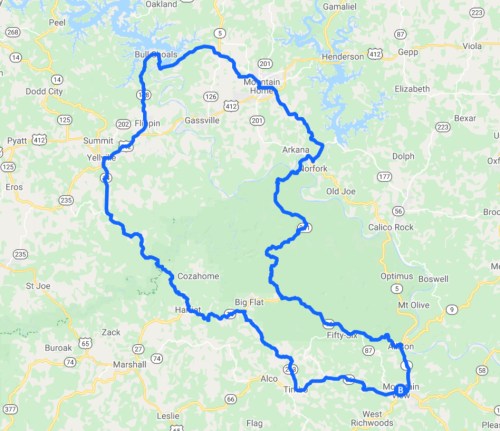 Map showing a winding blue route through rural areas, including towns like McBain, Flippin, and Gassville.