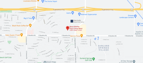 Map showing the location of Mesa Market Place Swap Meet in Mesa, Arizona, near various shops and restaurants.