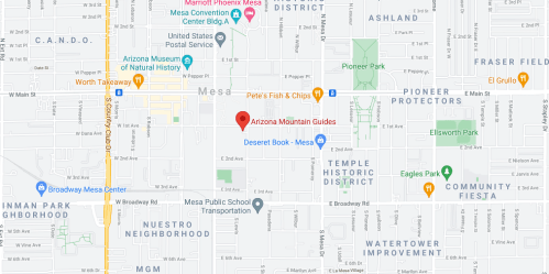 Map of Mesa, Arizona, highlighting Arizona Mountain Guides and nearby landmarks and streets.
