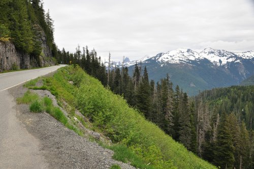 A scenic view of a winding road alongside lush greenery and snow-capped mountains in the distance.