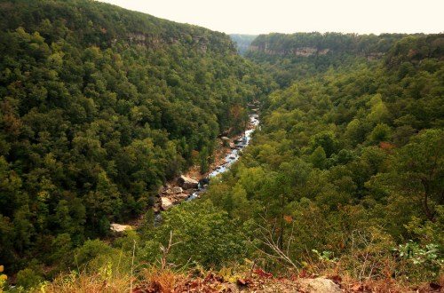 A scenic view of a lush green valley with a winding river surrounded by dense trees and rocky cliffs.