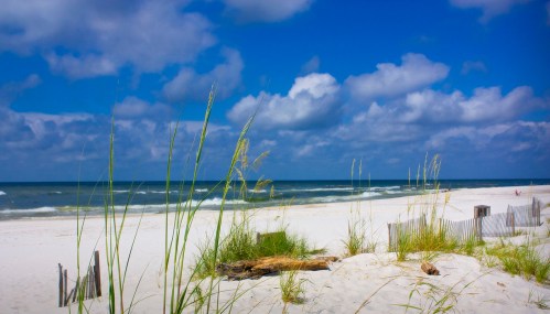 A serene beach scene with white sand, gentle waves, and tall grass under a blue sky with fluffy clouds.