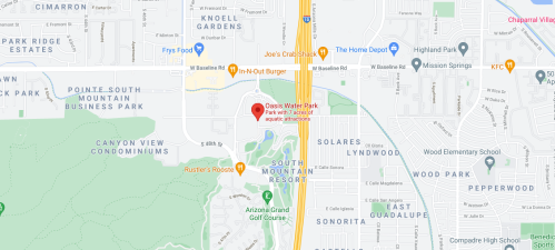 Map showing the location of Oasis Water Park near South Mountain, with nearby landmarks and roads.