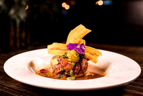 A vibrant dish featuring diced fish, avocado, and herbs, topped with plantain chips and a flower garnish on a white plate.