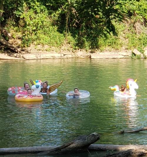 A group of six people float on colorful inflatable rafts in a serene river surrounded by greenery.
