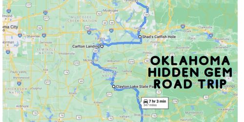 Map showing a route for an "Oklahoma Hidden Gem Road Trip," covering 347 miles in 7 hours and 3 minutes.