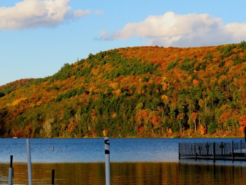 A serene lake surrounded by vibrant autumn foliage and a wooden dock under a clear blue sky with fluffy clouds.