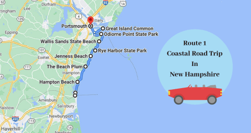Map of New Hampshire's Route 1 coastal road trip, highlighting key stops and attractions along the coastline.