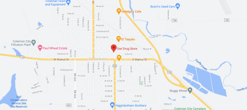 Map showing downtown Coleman City, Texas, with Owl Drug Store marked in red. Nearby roads and landmarks are visible.