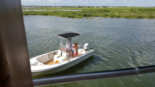 A woman on a small boat in a calm waterway, surrounded by green marshland and a blue sky.