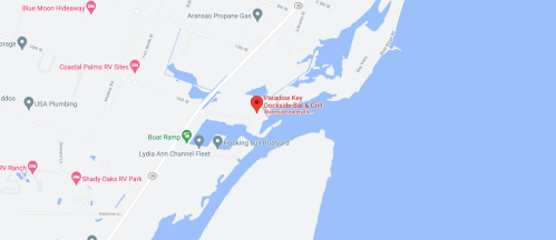 Map showing Paradise Key Dockside Bar & Grill near water, with nearby roads and landmarks labeled.