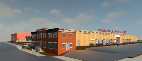 Rendering of Parkville Market, featuring a large building with outdoor seating and a modern design against a cloudy sky.
