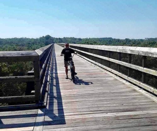 A person stands with a bicycle on a wooden bridge surrounded by trees under a clear blue sky.
