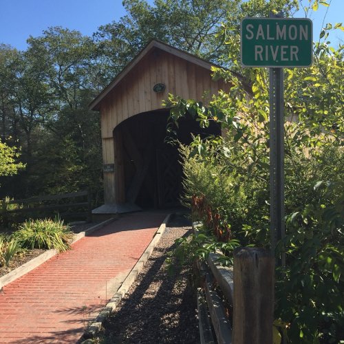 A wooden bridge entrance with a sign for Salmon River, surrounded by greenery and a clear blue sky.