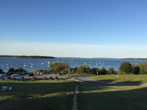 A scenic view of a bay with sailboats, surrounded by trees and a parking area under a clear blue sky.