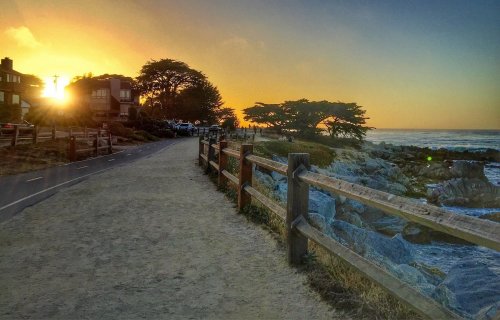 A sandy path along the coast at sunset, with a wooden fence and trees silhouetted against the colorful sky.