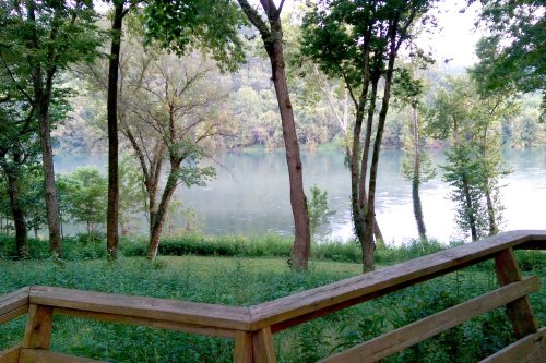 A serene view of a river surrounded by lush trees and greenery, with a wooden railing in the foreground.