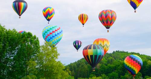 A colorful array of hot air balloons floating over lush green trees and hills under a cloudy sky.
