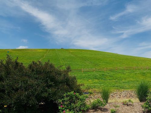 A green hill under a blue sky with wispy clouds, featuring a wooden fence and a few people at the top.