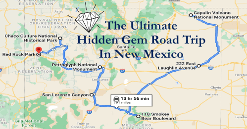 Map of a road trip route in New Mexico, highlighting hidden gems like Red Rock Park and Capulin Volcano National Monument.