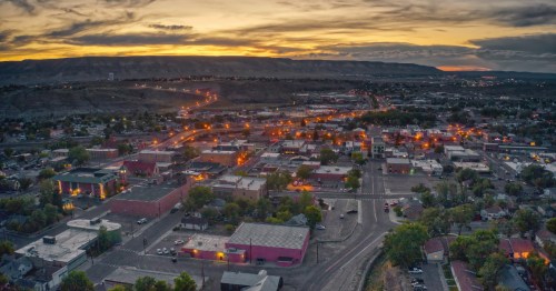 aerial shot of the historic town of rock springs wyoming at sunset