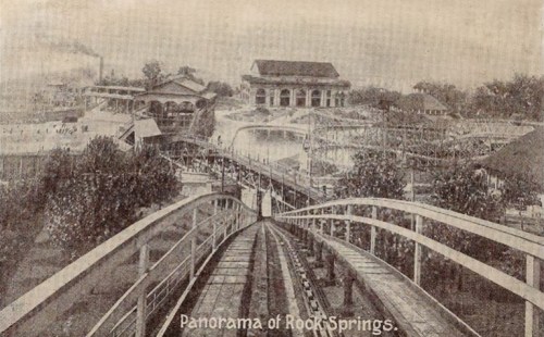 Black and white image of a roller coaster and amusement park, titled "Panorama of Rock Springs."