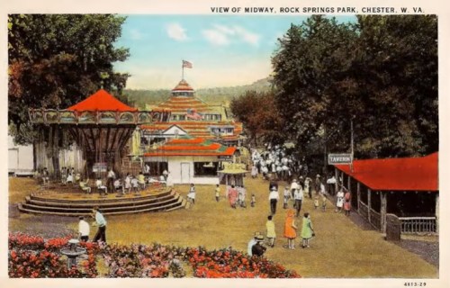 Vintage postcard of Rock Springs Park in Chester, WV, featuring a carousel, colorful buildings, and visitors enjoying the park.