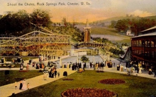 Vintage postcard of Rock Springs Park in Chester, W.Va., featuring a water ride and crowds enjoying the park.