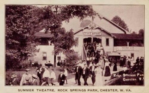 Historic image of a summer theatre at Rock Springs Park, Chester, W.Va., with a crowd entering the building.