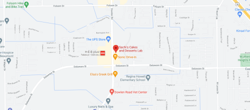 Map showing streets and locations including Sach's Cakes, Sonic Drive-In, and Dowlen Road Vet Center in Beaumont, TX.