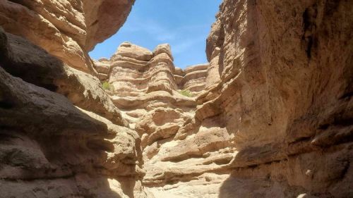 A narrow canyon with layered rock formations and a clear blue sky above.