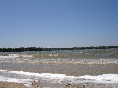 A sandy beach with gentle waves lapping at the shore under a clear blue sky. Green trees line the distant shore.