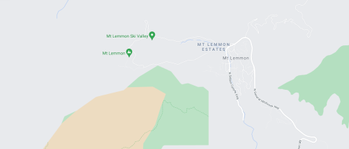 Map showing Mt. Lemmon, Mt. Lemmon Ski Valley, and surrounding areas, with labeled locations and terrain features.